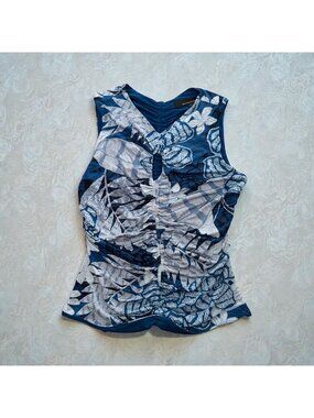 WHITE HOUSE BLACK MARKET Blue Floral Keyhole Tank Top Size Medium